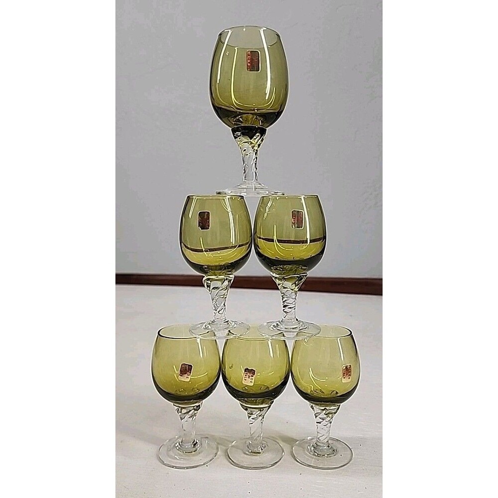 Vintage Set 6 Italian Olive‎ Green Glass Cordials Twisted Stem Elegant Liqueur